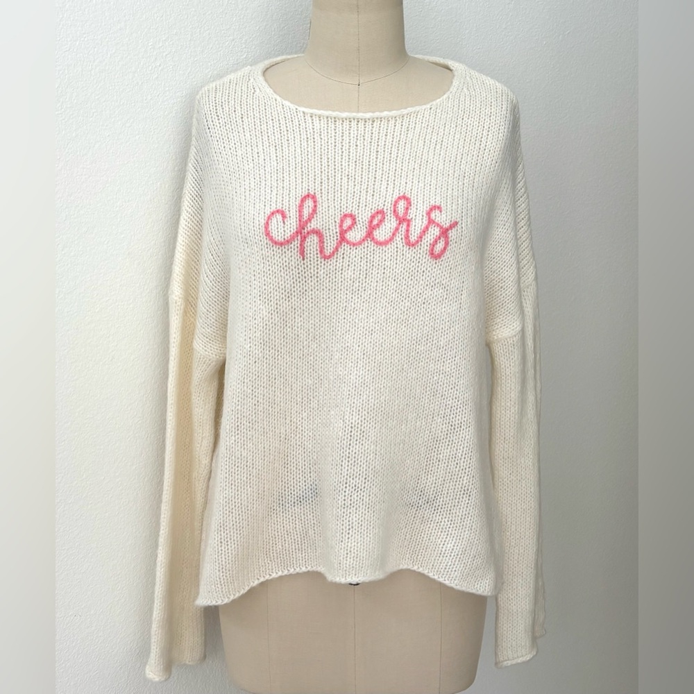 Wooden Ships ‘cheers’ Crew Sweater NWOT Cream & Pink Graphic Lightweight S/M